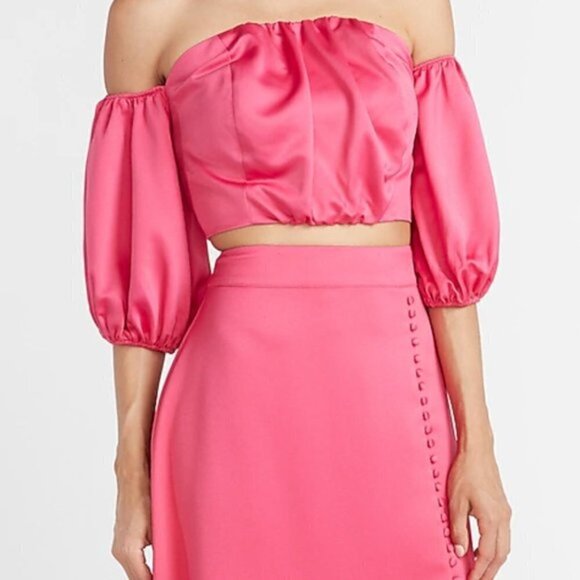 Express x LadyGang Pink Off Shoulder Puff Sleeve Crop Top M - Picture 5 of 8